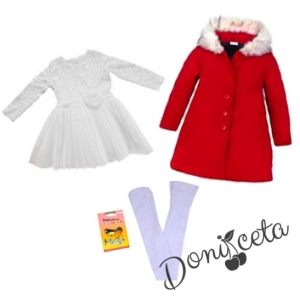 Комплект от 3 части рокля с дантела в бяло и палто в червено и чорапогащник 
