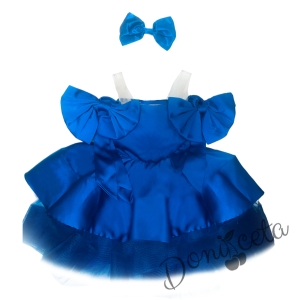 Официална детска рокля с къс ръкав панделка в синьо с фиба за коса панделка Анасия