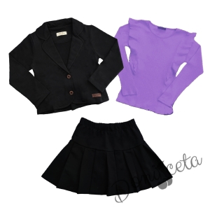 Комплект от пола и сако в черно Мари и блуза с дълъг ръкав в лилаво 1