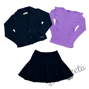Комплект от пола и сако в тъмносиньо Мари и блуза с дълъг ръкав в лилаво 1