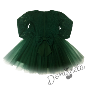 Детска официална рокля с дълъг ръкав в тъмнозелено с дантела и тюл Крис 2