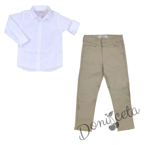 Комплект за момче панталон в бежово и риза в бяло