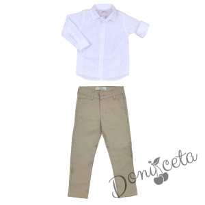 Комплект за момче панталон и папийонка в бежово и риза в бяло 3