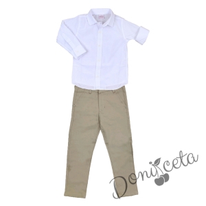 Комплект за момче панталон и папийонка в бежово и риза в бяло 4