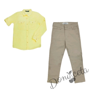 Комплект за момче панталон и папийонка в бежово и риза в жълто 2