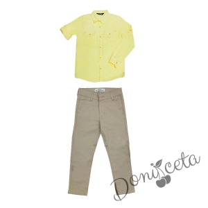 Комплект за момче панталон и папийонка в бежово и риза в жълто 3