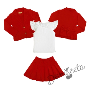 Комплект от пола Гери и сако в червено и тениска в бяло с къс ръкав