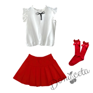 Комплект от пола Гери в червено, риза с къс ръкав в бяло Contrast и чорапи с панделка 1