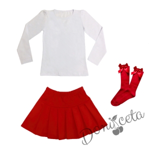 Комплект от пола Гери в червено, блуза в бяло с дълъг ръкав и чорапи с панделка 1