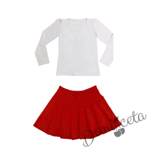 Комплект от пола Гери в червено, блуза в бяло с дълъг ръкав и чорапи с панделка 2