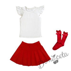 Комплект от пола Гери в червено, тениска в бяло с къс ръкав и чорапи с панделка 1