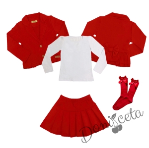 Комплект от пола Гери и сако в червено,  блуза в бяло с дълъг ръкав и чорапи с панделка 1