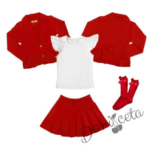 Комплект от пола Гери и сако в червено, тениска в бяло с къс ръкав ичорпи с панделка 1
