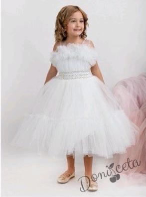 Официална детска дълга рокля в бяло с тюл без ръкав Руми 2
