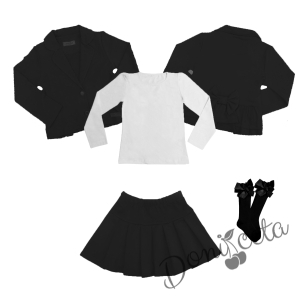 Комплект от пола Гери и сако в черно и блуза в бяло с дълъг ръкав и чорапи с панделка 1