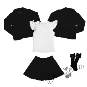 Комплект от пола Гери и сако в черно и тениска в бяло с къс ръкав и чорапи с панделка 1