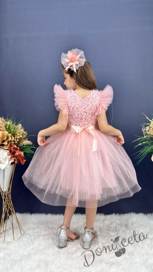 Официална детска рокля с къс ръкав Набел в розово с пайети и панделка за коса 2