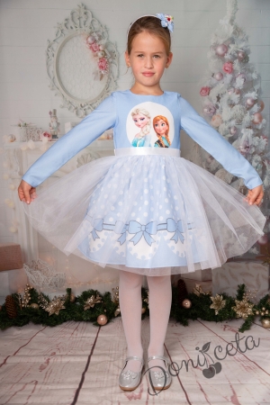 Официална детска рокля  с тюл в светлоосиньо с Анна и Елза от Замръзналото кралство с дълъг ръкав 1