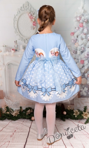 Официална детска рокля  с тюл в светлоосиньо с дълъг ръкав с Анна и Елза от Замръзналото кралство  2