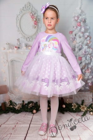 Официална детска рокля с Еднорог в лилаво с тюл с дълъг ръкав 1
