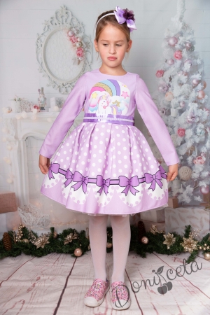 Официална детска рокля с дълъг ръкав с Еднорог в лилаво с тюл  1