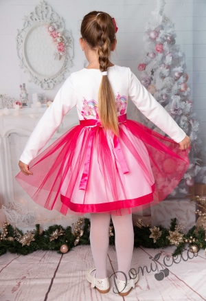 Официална детска рокля в розово с прасето Пепа и тюл с дълъ ръкав 2