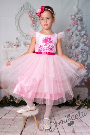 Официална детска рокля с дълъг ръкав в розово с Барби 1
