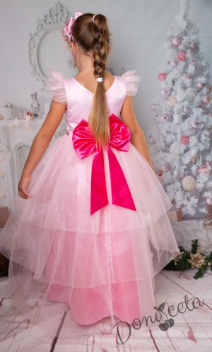 Официална дълга детска рокля с къс ръкав в розово с Барби 2