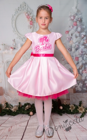 Официална детска рокля с къс ръкав с Барби в розово  1