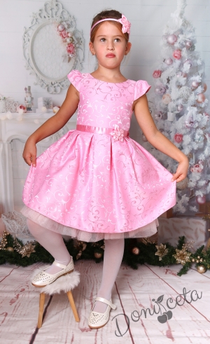 Официална детска рокля с къс ръкав в розово с орнаменти 1