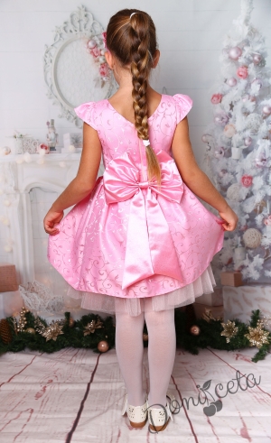 Официална детска рокля с къс ръкав в розово с орнаменти 2
