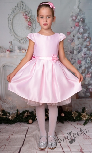 Официална детска рокля с къс ръкав в светло розово с орнаменти 1