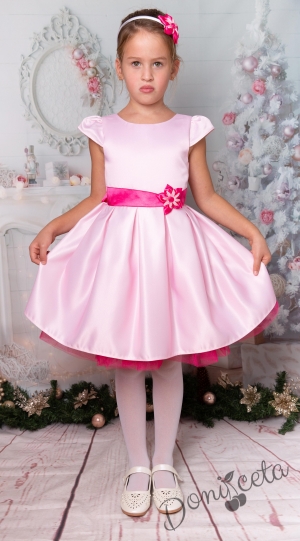 Официална детска рокля с къс ръкав в светло розово и циклама 1