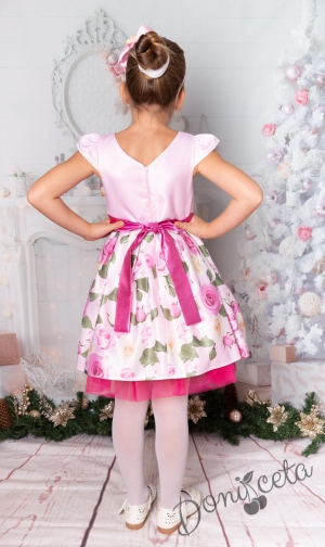 Официална детска рокля с къс ръкав в розово на рози 2