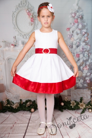 Официална детска рокля с къс ръкав в бяло и червено