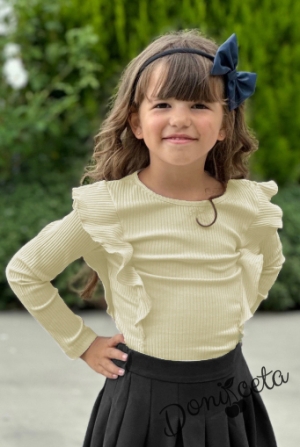Детска блуза за момиче с дълъг ръкав и къдрици в екрю