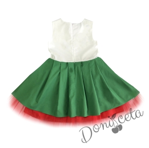 Детска рокля в бяло, зелено и червено с тюл  2