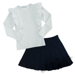 Комплект от пола в тъмнсиньо и блуза в бяло 1