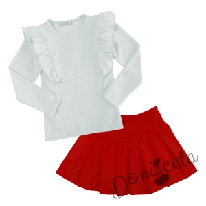 Комплект от пола в червено и блуза в бяло 1
