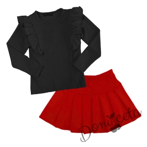 Комплект от пола в червено и блуза в черно 1