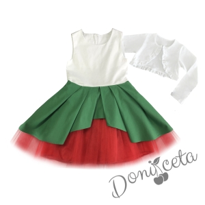 Комплект от детска рокля в бяло, зелено и червено с тюл и болеро в бяло