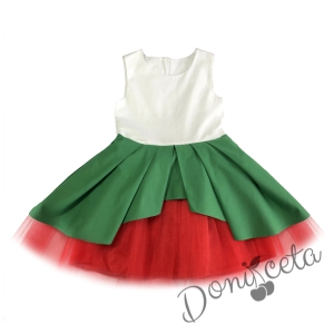 Комплект от детска рокля в бяло, зелено и червено с тюл и болеро в бяло 2