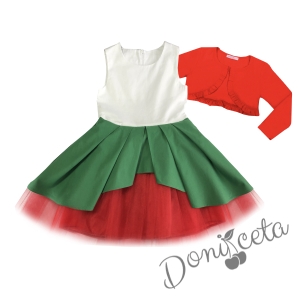 Комплект от детска рокля в бяло, зелено и червено с тюл и болеро в червено