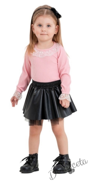 Детски комплект за момиче от 3 части- блуза, пола и диадема в розово