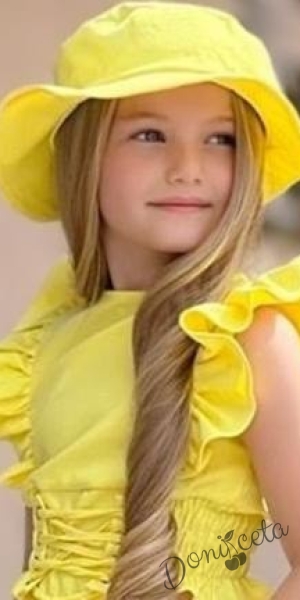 Комплект за момиче от блуза, къси панталони и шапка в жълто 2