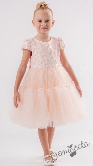 Официална детска рокля в прасковено с тюл и 3Д цветя 1 