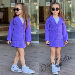 Детски комплект за момиче от 3 части- пола и сако в лилаво и потник в бяло