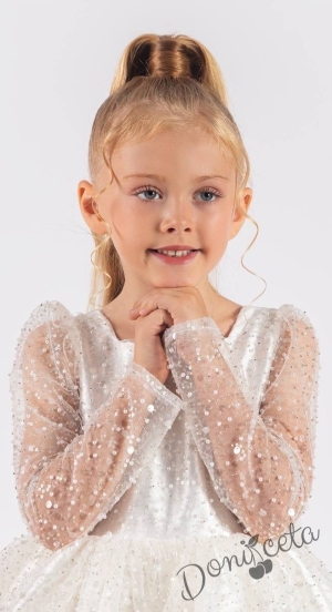 Официална детска рокля в бяло в брокат с дълъг ръкав Естел 2