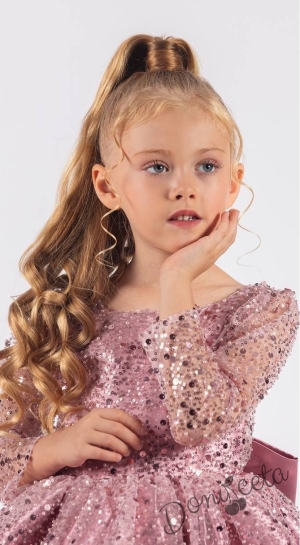Официална детска рокля в пепел от рози в брокат с дълъг ръкав Естел 3