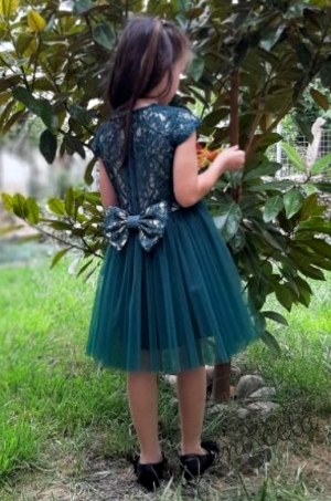 Детска официална рокля с къс ръкав с тъмнозелено с тюл Зара 2